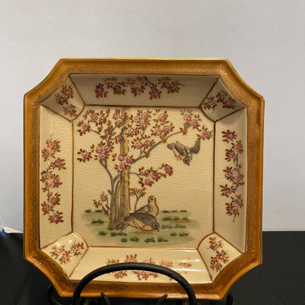 Vintage Andrea by Sadek 9306 Hand painted Square Plates Bird w/ Trees
